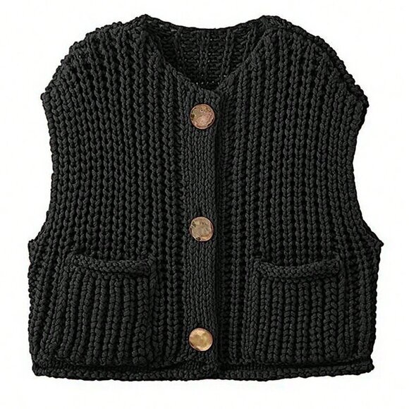 Black Casual Women's Loose Knit Vest With Double Pockets - Picture 3 of 5